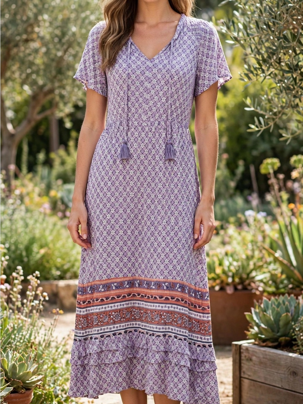 Knox Rose Lavender Printed Tassel Midi Dress